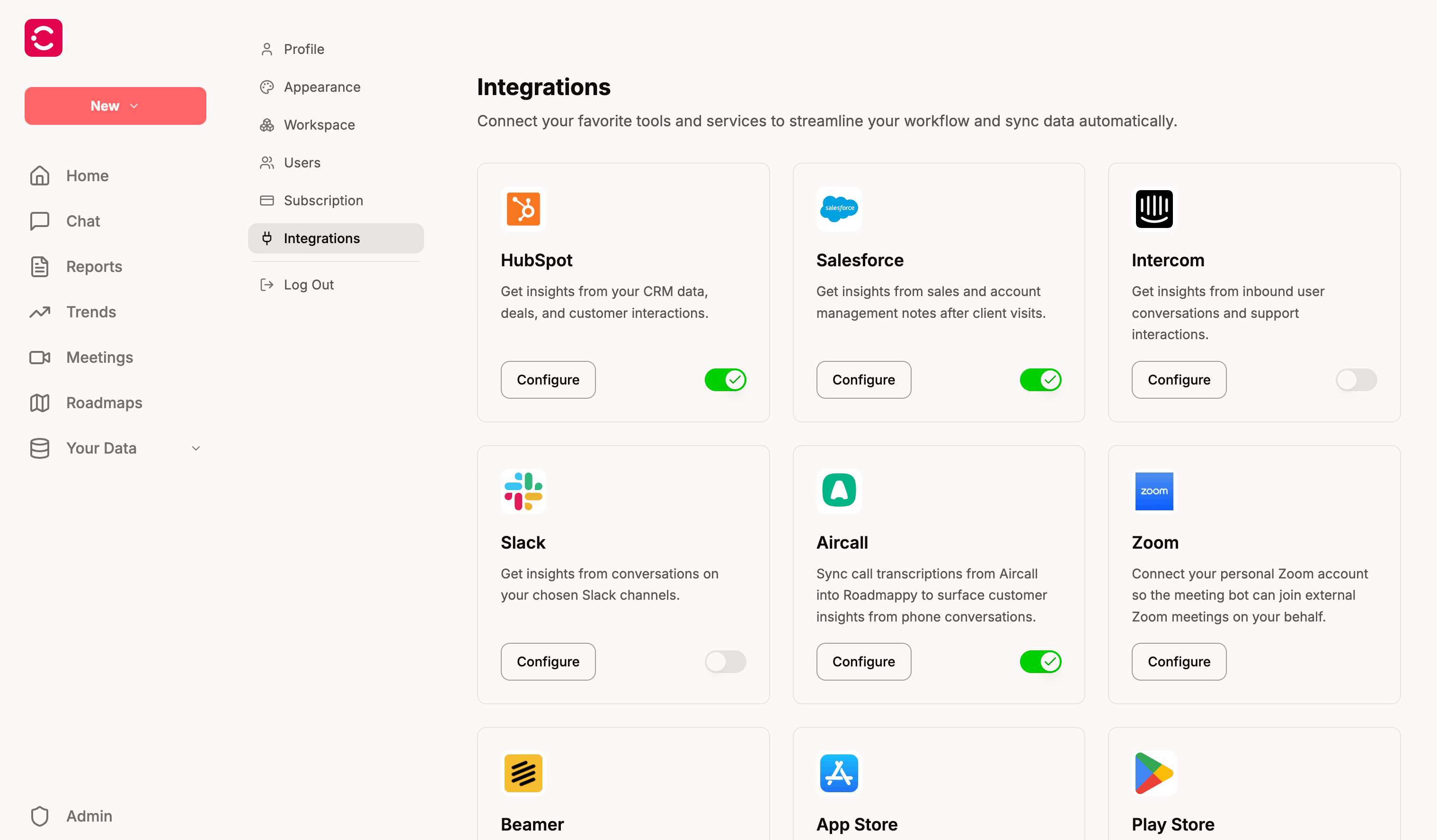 The Integrations settings page showing the Intercom card alongside HubSpot, Salesforce, Slack, and Aircall