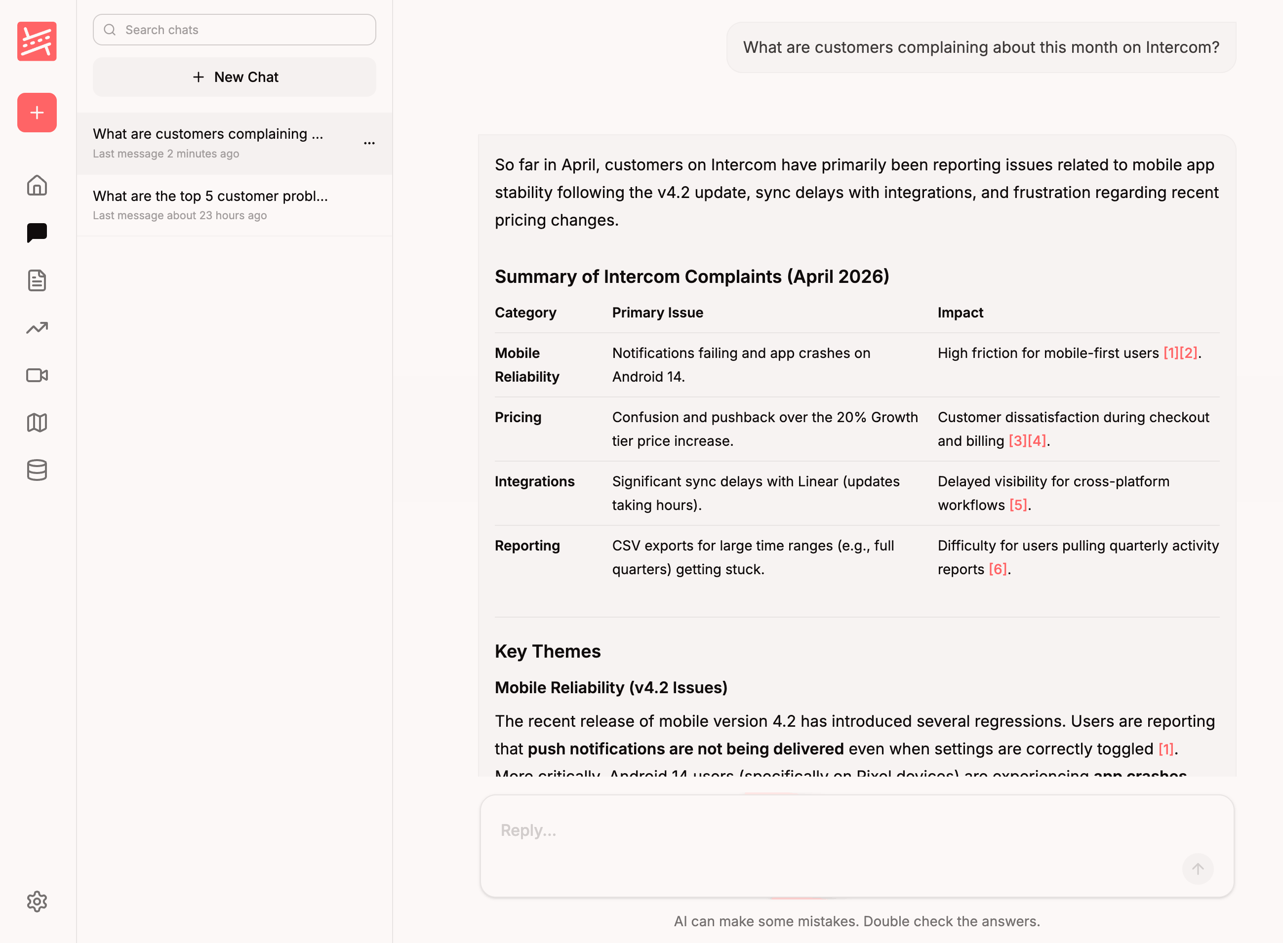 Roadmappy AI Chat answering a question with Intercom conversations cited as supporting evidence