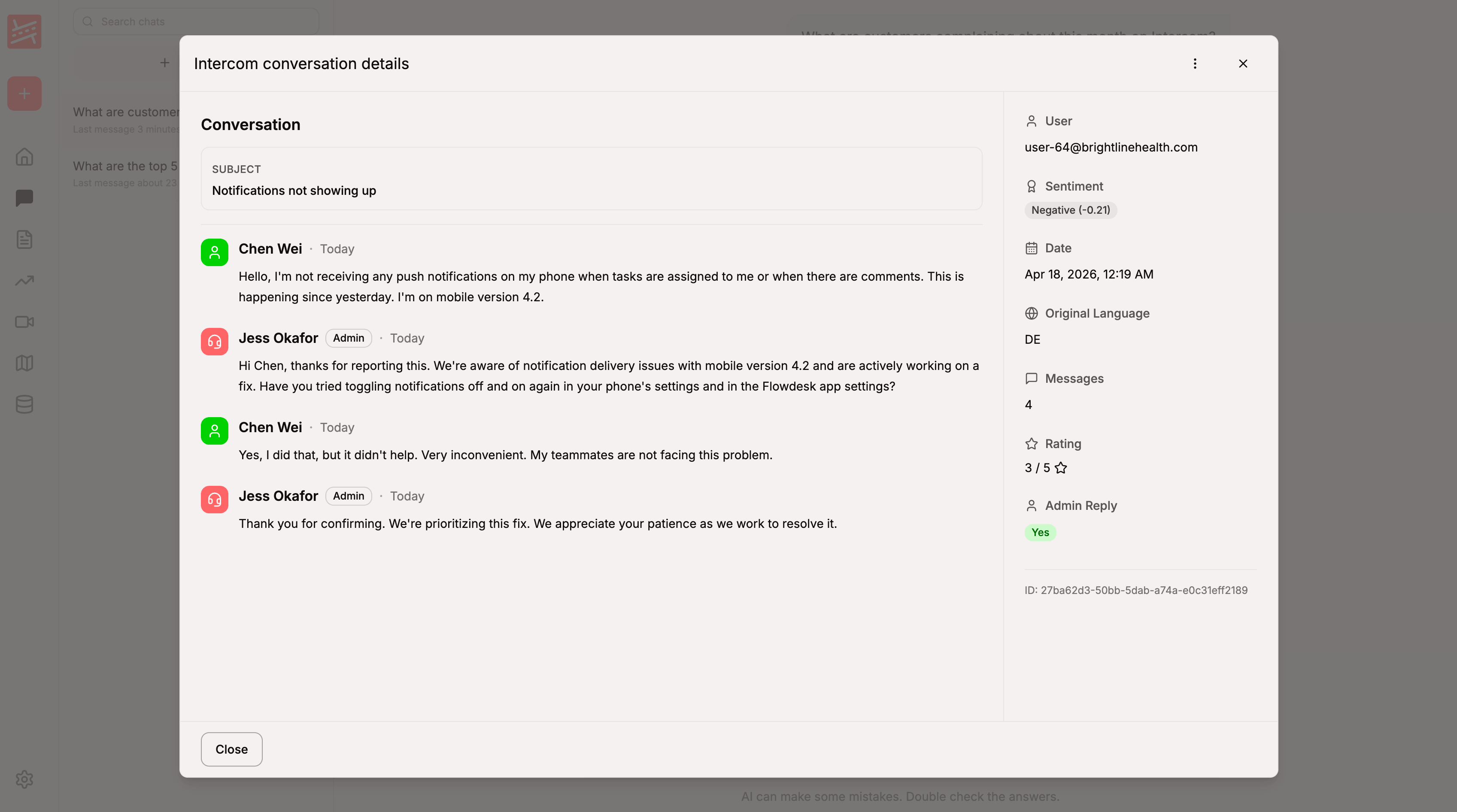 A single Intercom conversation opened in Roadmappy, showing the full thread with author names and timestamps