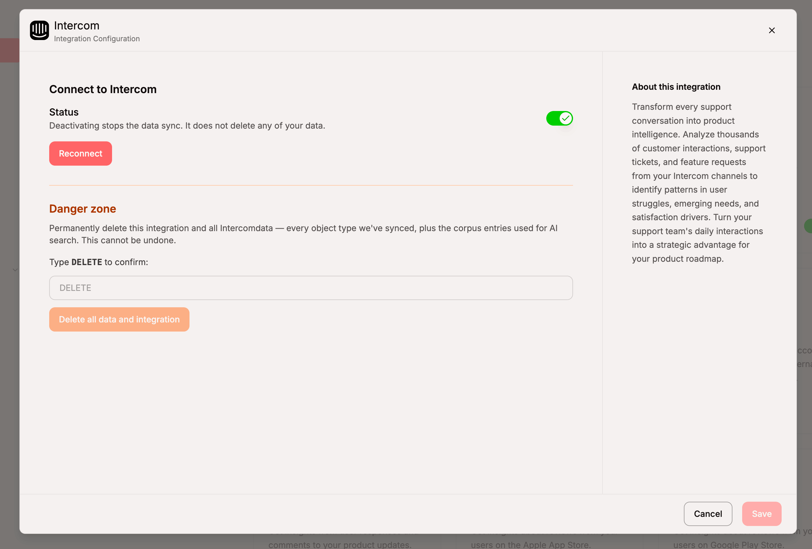 The Danger zone section of the Intercom integration modal, showing the explanatory copy, the "Type DELETE to confirm" input, and the red "Delete all data and integration" button
