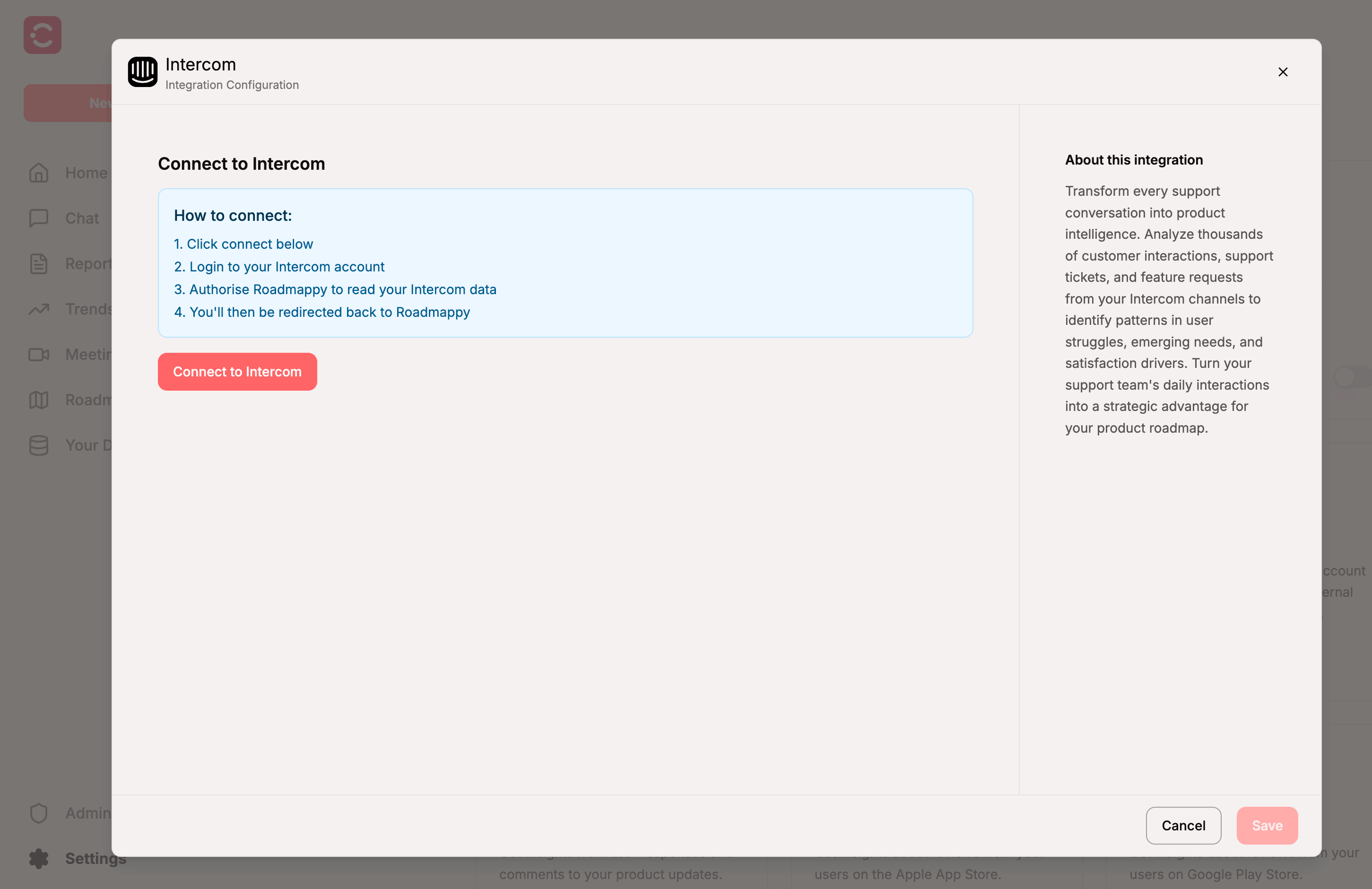 The Intercom integration modal in the not-connected state, showing the Connect to Intercom button