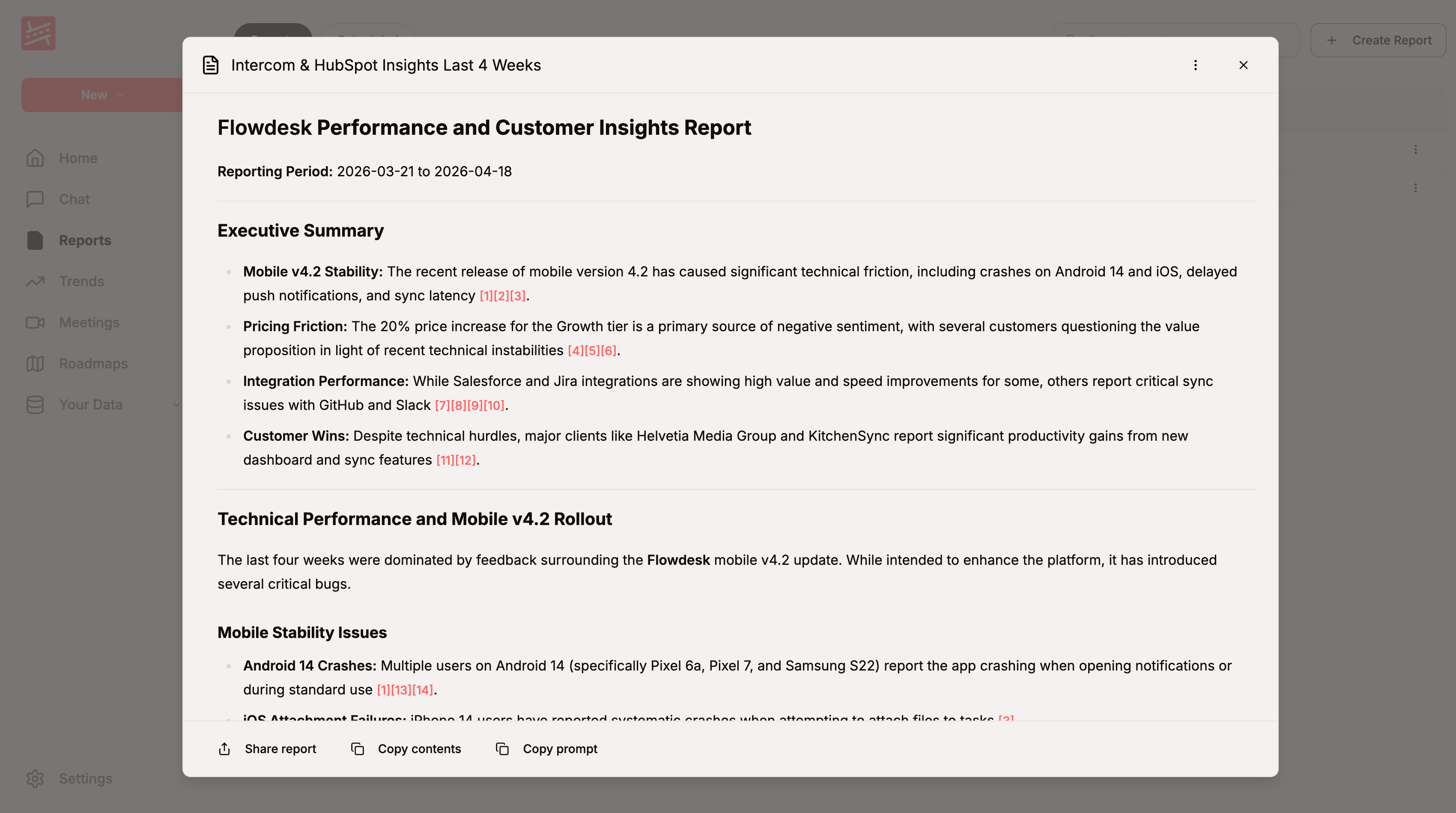 A scheduled report with Intercom conversations cited as sources alongside meetings and CRM activity