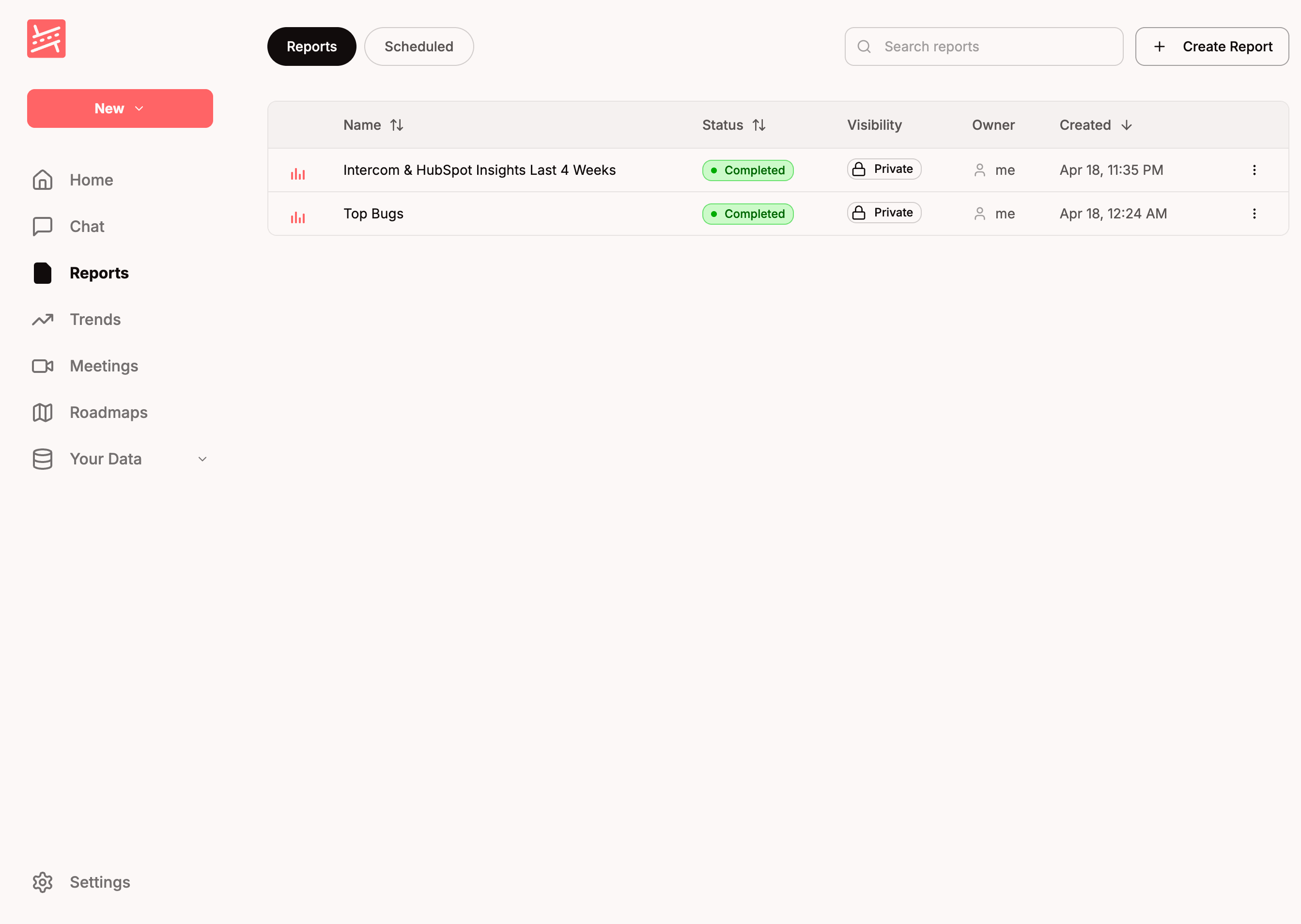 The Reports list page showing scheduled Roadmappy AI reports that include Intercom as a source