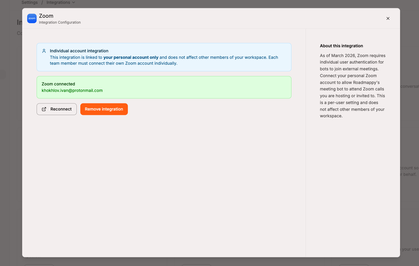 The Zoom integration modal in the connected state, showing the account email and options to Reconnect or Remove integration