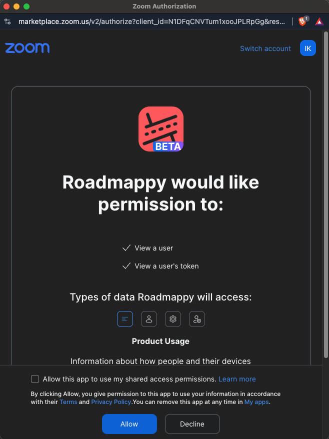 Zoom's OAuth authorisation screen showing the permissions Roadmappy requests